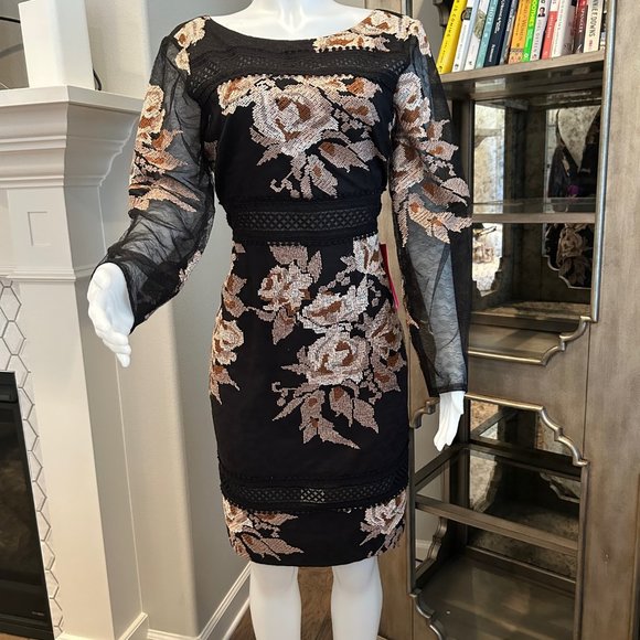 Belle Badley Mischka Floral Sheer Sleeves Dress - Picture 1 of 12